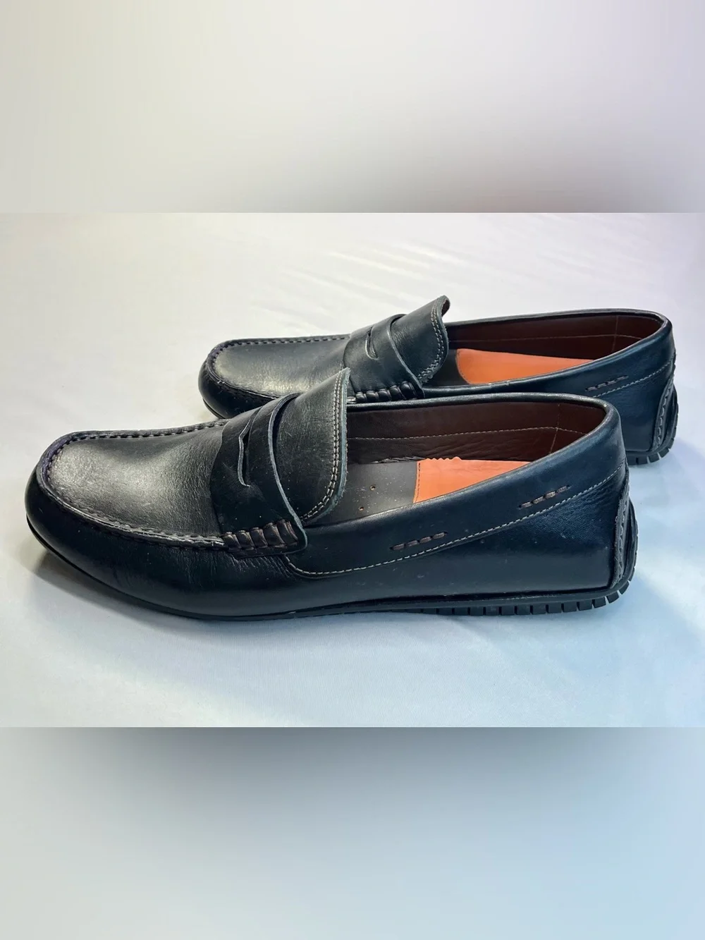 Martin Dingman Black Bermuda Saddle Leather Penny Loafers Shoes Orange Insoles